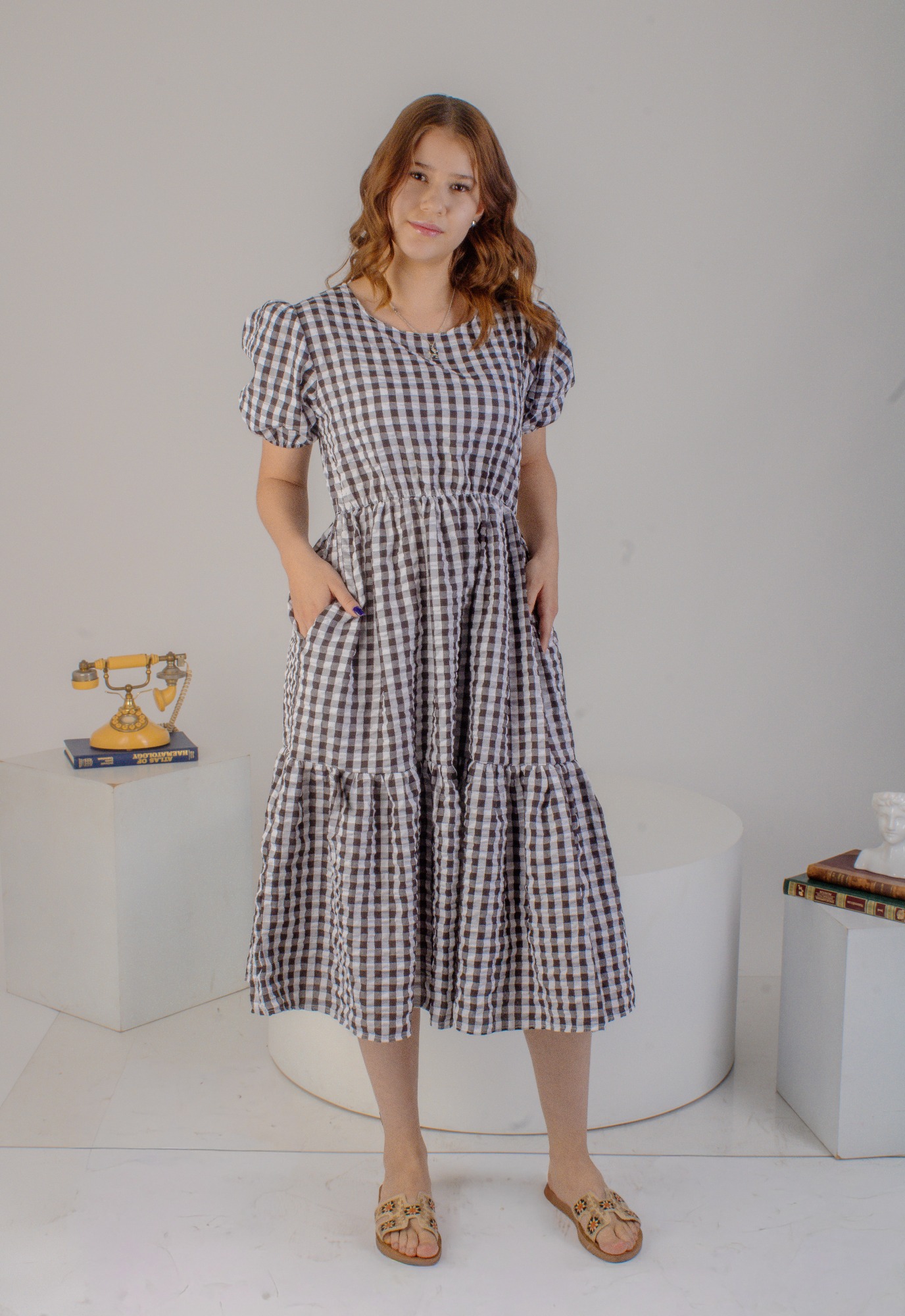 Vestido manga globo de cuadros negro — Negro