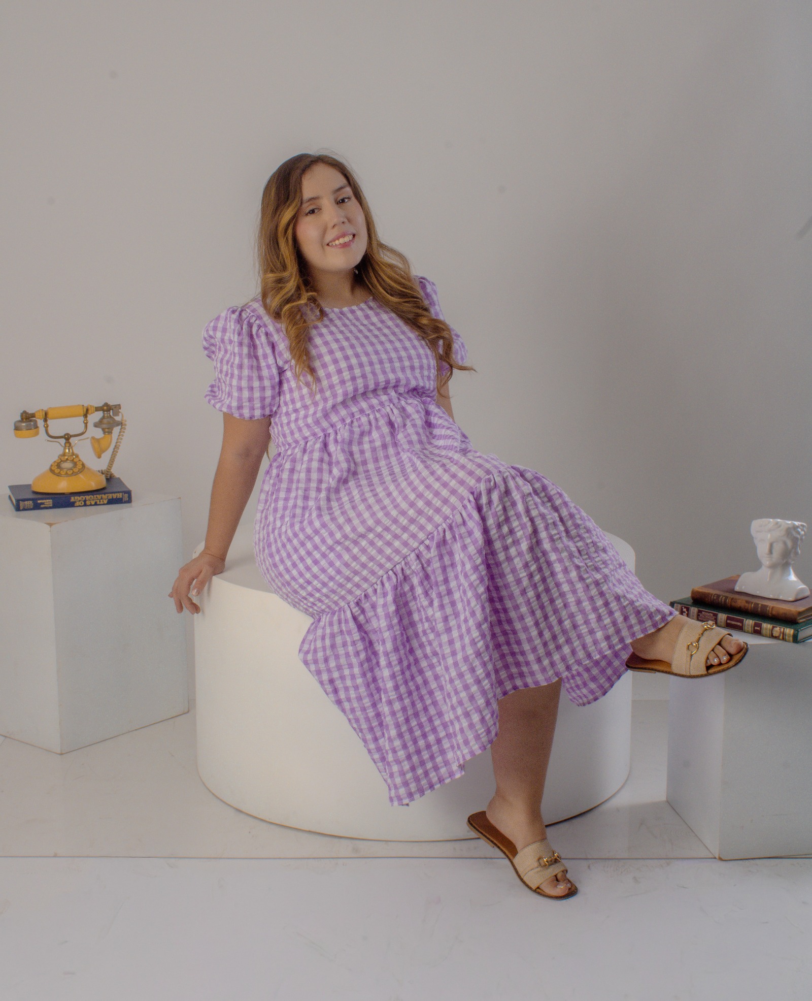 Vestido manga globo de cuadros lila — Lila