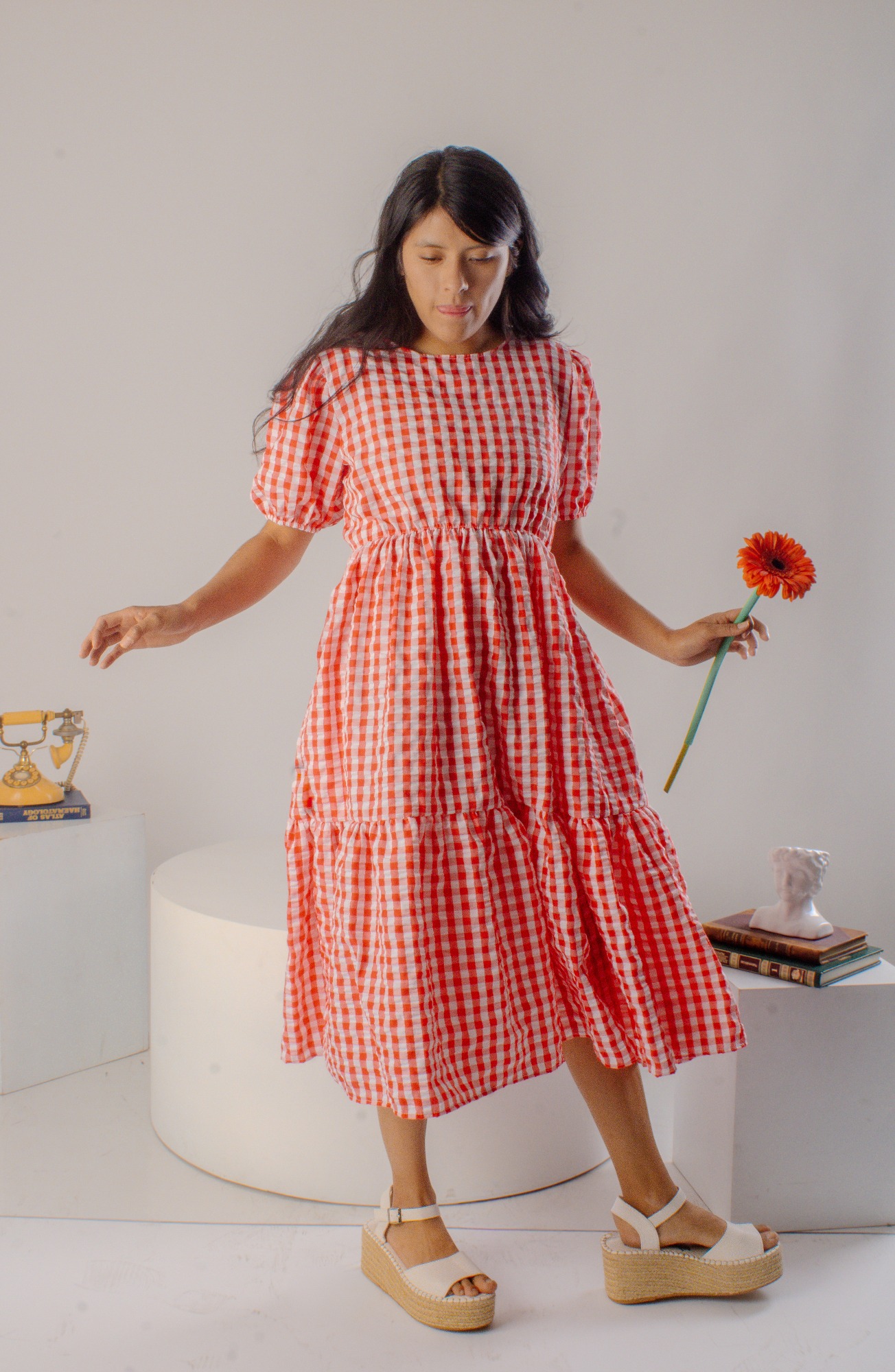 Vestido manga globo de cuadros rojos — Rojo