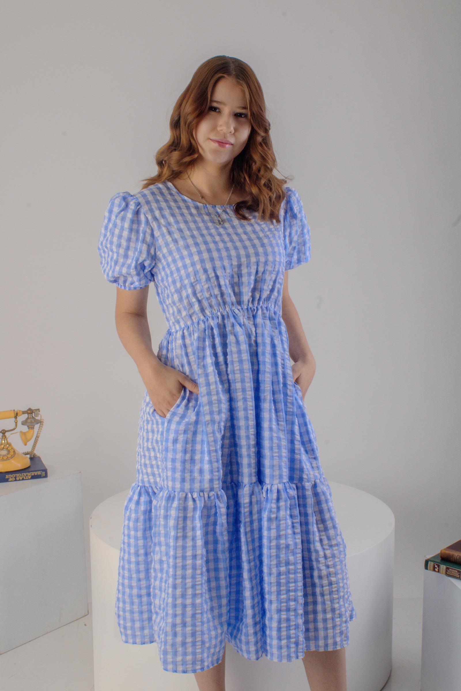 Vestido manga globo cuadros azul cielo